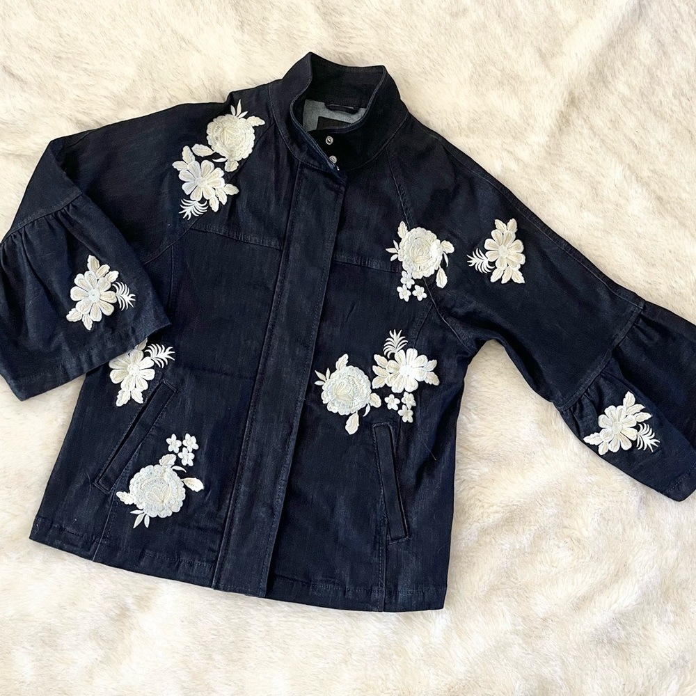 Banana Republic Dark Denim Floral Flower Embroidered Bell Flare Sleeve Jacket S
